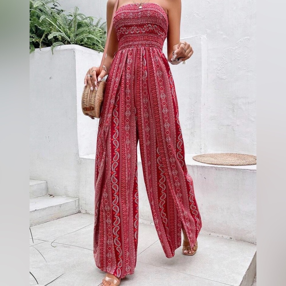 Red Bohemian Wide-Leg Jumpsuit